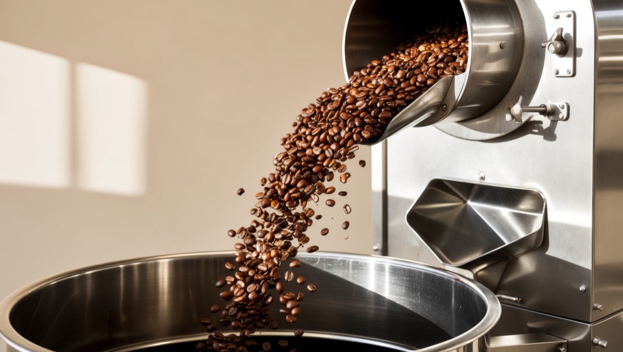 Freshly roasted Gahwa coffee beans pouring from the roaster